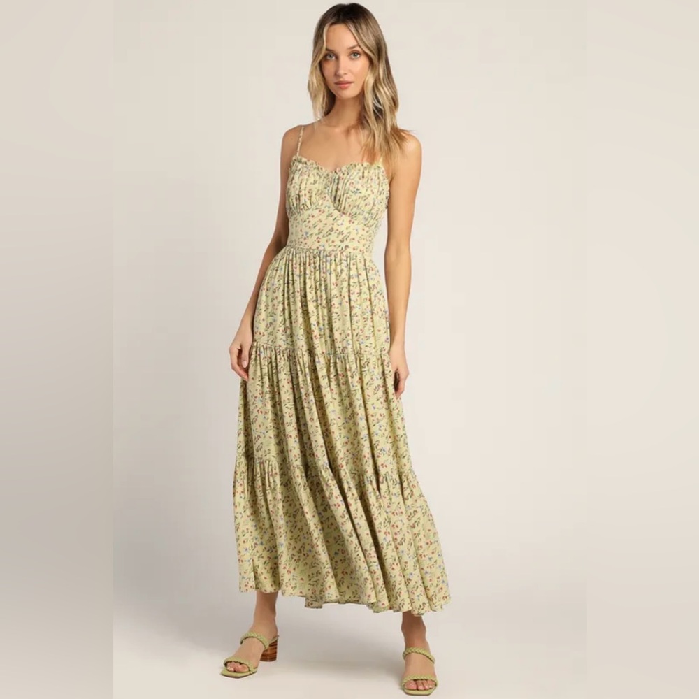 Lulus Spring Sensation Light Green Floral Print Tiered Maxi Dress